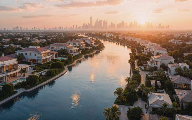 aerial view of luxury villas by river sunset