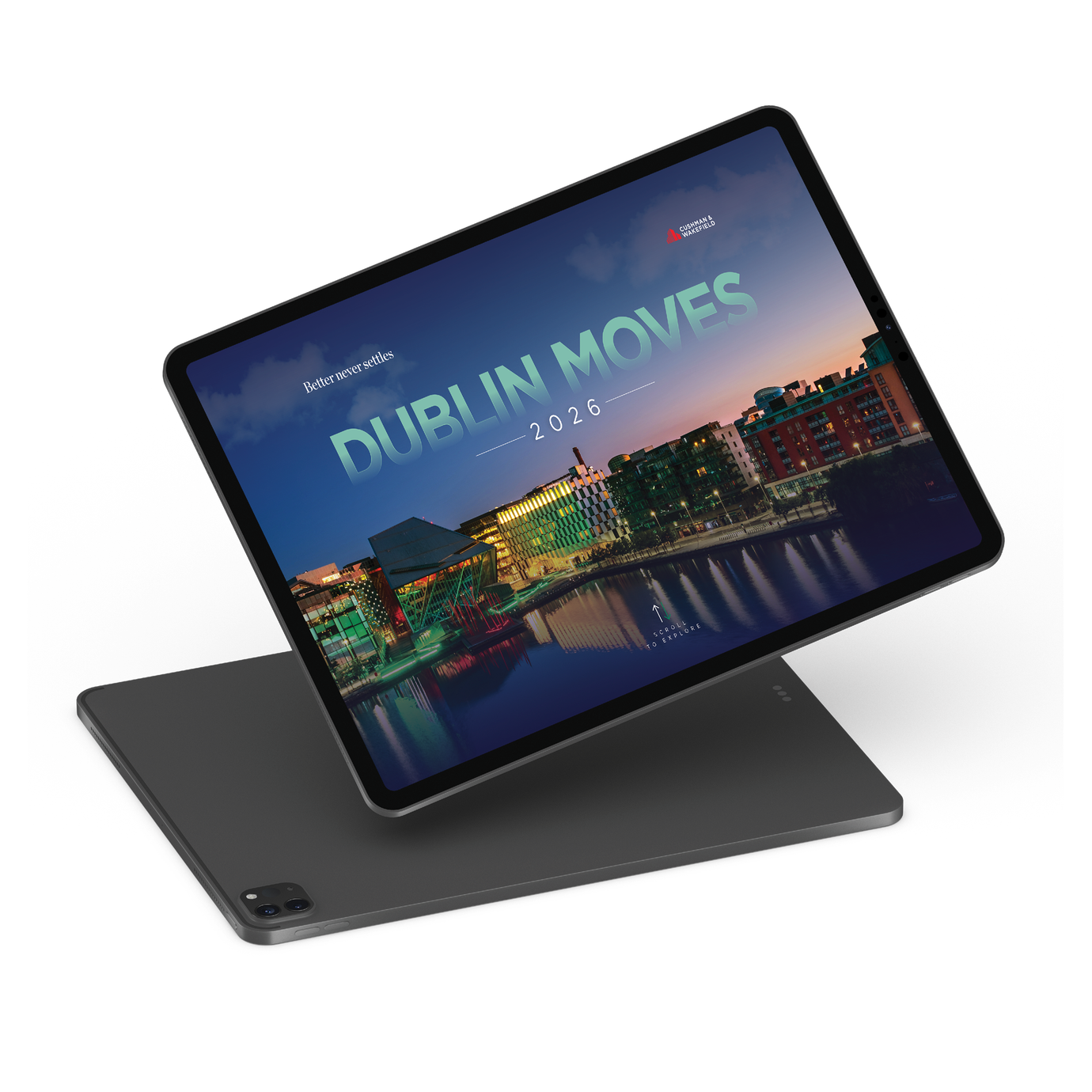 Tablet screen shows Dublin skyline at dusk